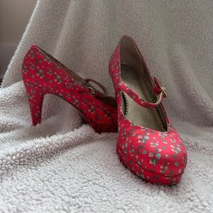 Miss Albright Anthropologie Red Patterned Silk Heels